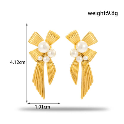 1 Pair Vintage Style Simple Style C Shape Water Droplets Bow Knot Plating Inlay 304 Stainless Steel Pearl Zircon Ear Studs