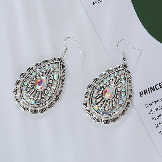 1 Pair Vintage Style Simple Style Classic Style Water Droplets Plating Inlay Alloy Rhinestones Glass Silver Plated Drop Earrings