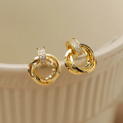 1 Pair Vintage Style Simple Style Geometric Round Inlay Copper Zircon 18K Gold Plated Ear Studs