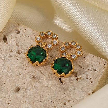 1 Pair Vintage Style Simple Style Round Plating Inlay Copper Glass Zircon 18k Gold Plated Drop Earrings