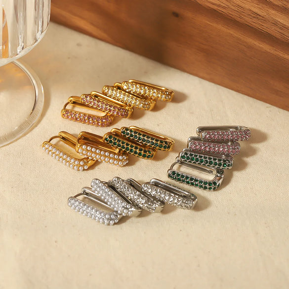 1 Pair Vintage Style Square Rectangle Polishing Plating Inlay Stainless Steel Pearl Zircon 18k Gold Plated Ear Studs