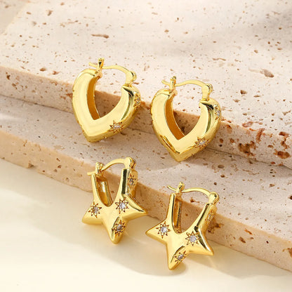 1 Pair Vintage Style Star Heart Shape Plating Inlay Copper Zircon 18k Gold Plated Hoop Earrings