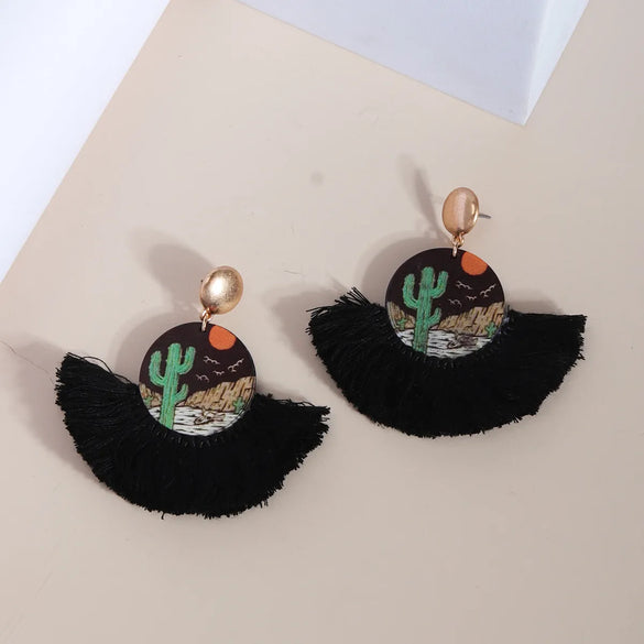 1 Pair Vintage Style Streetwear Geometric Tassel Plating Alloy Wood Cotton 14k Gold Plated 18k Gold Plated Drop Earrings