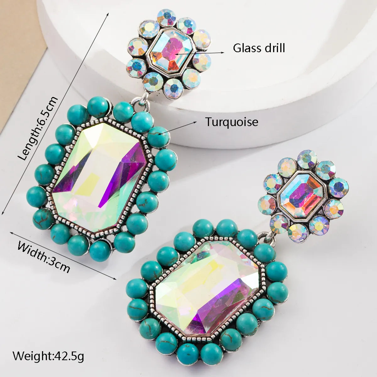 1 Pair Vintage Style Vacation Classic Style Square Inlay Alloy Turquoise Glass Silver Plated Drop Earrings