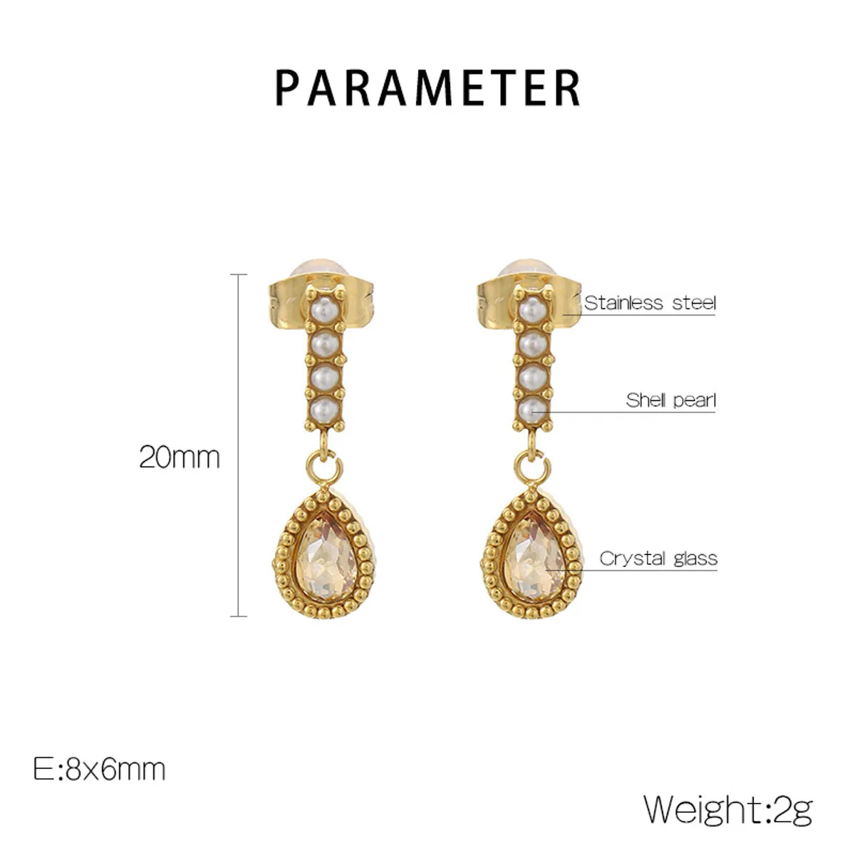 1 Pair Vintage Style Water Droplets Inlay 304 Stainless Steel Artificial Crystal Pearl 18K Gold Plated Drop Earrings