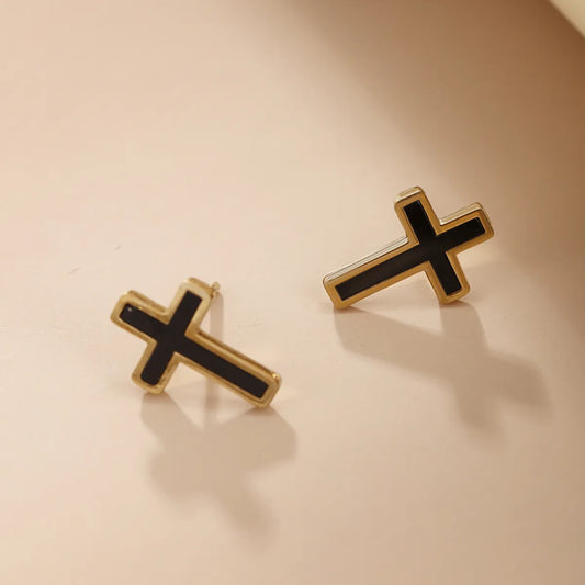 1 Pair Xuping Simple Style Cross Plating Stainless Steel 14k Gold Plated Ear Studs