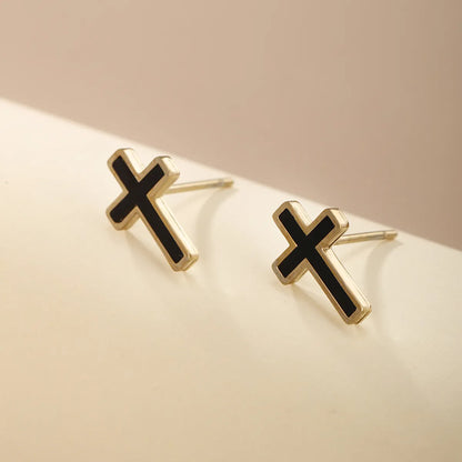 1 Pair Xuping Simple Style Cross Plating Stainless Steel 14k Gold Plated Ear Studs