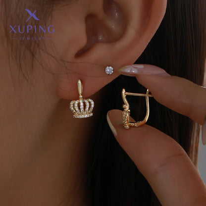 1 Pair XUPING Simple Style Crown Plating Inlay Copper Artificial Gemstones 18K Gold Plated Drop Earrings