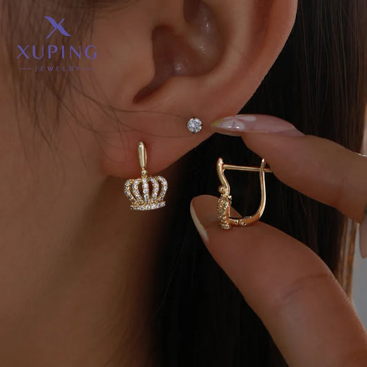 1 Pair XUPING Simple Style Crown Plating Inlay Copper Artificial Gemstones 18K Gold Plated Drop Earrings