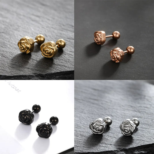 1 Pair XUPING Simple Style Flower Plating 304 Stainless Steel 18K Gold Plated Raw Steel Black Gun Ear Studs