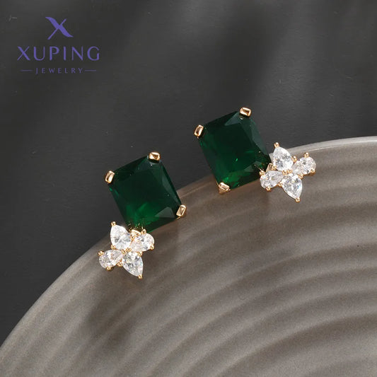 1 Pair XUPING Simple Style Square Flower Inlay Copper Artificial Gemstones 18K Gold Plated Ear Studs