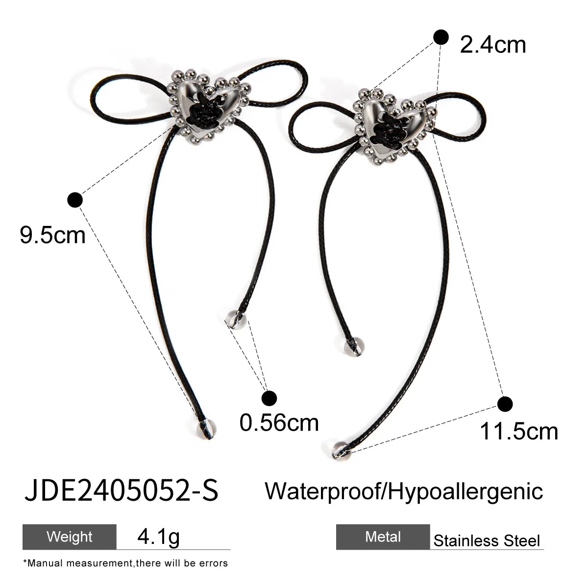 1 Pair Y2K Heart Shape Bow Knot 304 Stainless Steel Wax Rope Ear Studs