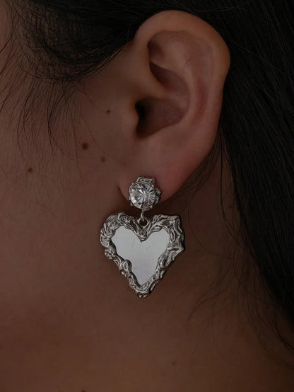 1 Pair Y2k Heart Shape Inlay Alloy Zircon Silver Plated Drop Earrings