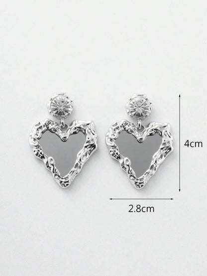 1 Pair Y2k Heart Shape Inlay Alloy Zircon Silver Plated Drop Earrings