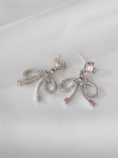 1 Pair Y2k Sweet Bow Knot Plating Alloy Zircon Silver Plated Drop Earrings