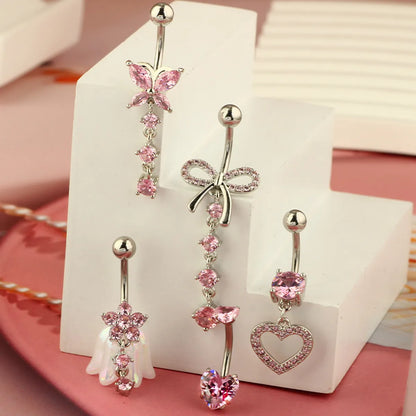 1 Piece 1 Set Belly Rings Hip-Hop Heart Shape 316 Stainless Steel  Inlay Zircon Belly Rings