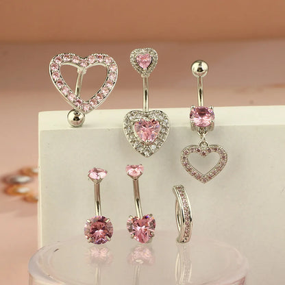 1 Piece 1 Set Belly Rings Hip-Hop Shiny Heart Shape 316 Stainless Steel  Copper Hollow Out Inlay Zircon Belly Rings