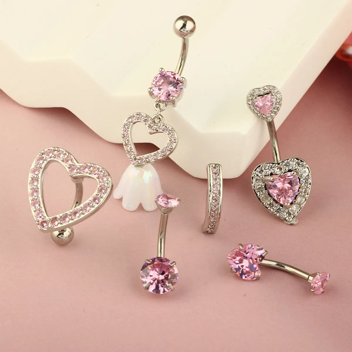 1 Piece 1 Set Belly Rings Hip-Hop Shiny Heart Shape 316 Stainless Steel  Copper Hollow Out Inlay Zircon Belly Rings