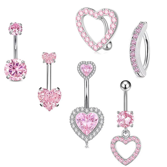 1 Piece 1 Set Belly Rings Hip-Hop Shiny Heart Shape 316 Stainless Steel  Copper Hollow Out Inlay Zircon Belly Rings