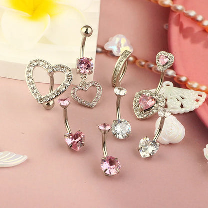 1 Piece 1 Set Belly Rings Hip-Hop Shiny Heart Shape 316 Stainless Steel  Copper Inlay Zircon Belly Rings