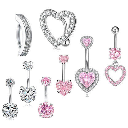 1 Piece 1 Set Belly Rings Hip-Hop Shiny Heart Shape 316 Stainless Steel  Copper Inlay Zircon Belly Rings