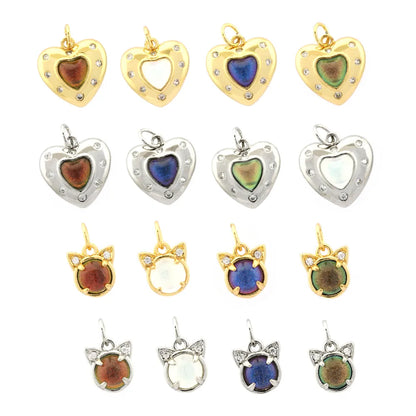 1 Piece 14*14mm 8*10mm Copper Natural Stone Crystal Zircon 18K Gold Plated Heart Shape Cat Pendant