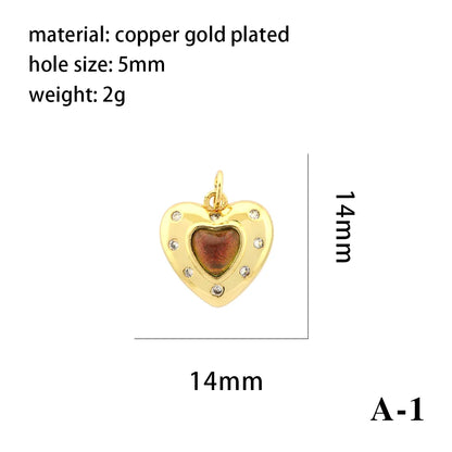 1 Piece 14*14mm 8*10mm Copper Natural Stone Crystal Zircon 18K Gold Plated Heart Shape Cat Pendant