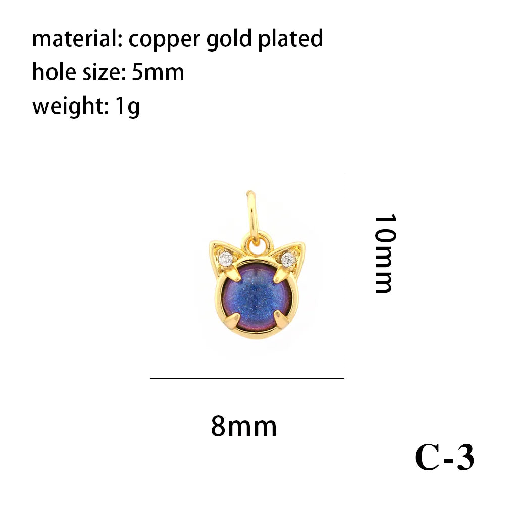 1 Piece 14*14mm 8*10mm Copper Natural Stone Crystal Zircon 18K Gold Plated Heart Shape Cat Pendant