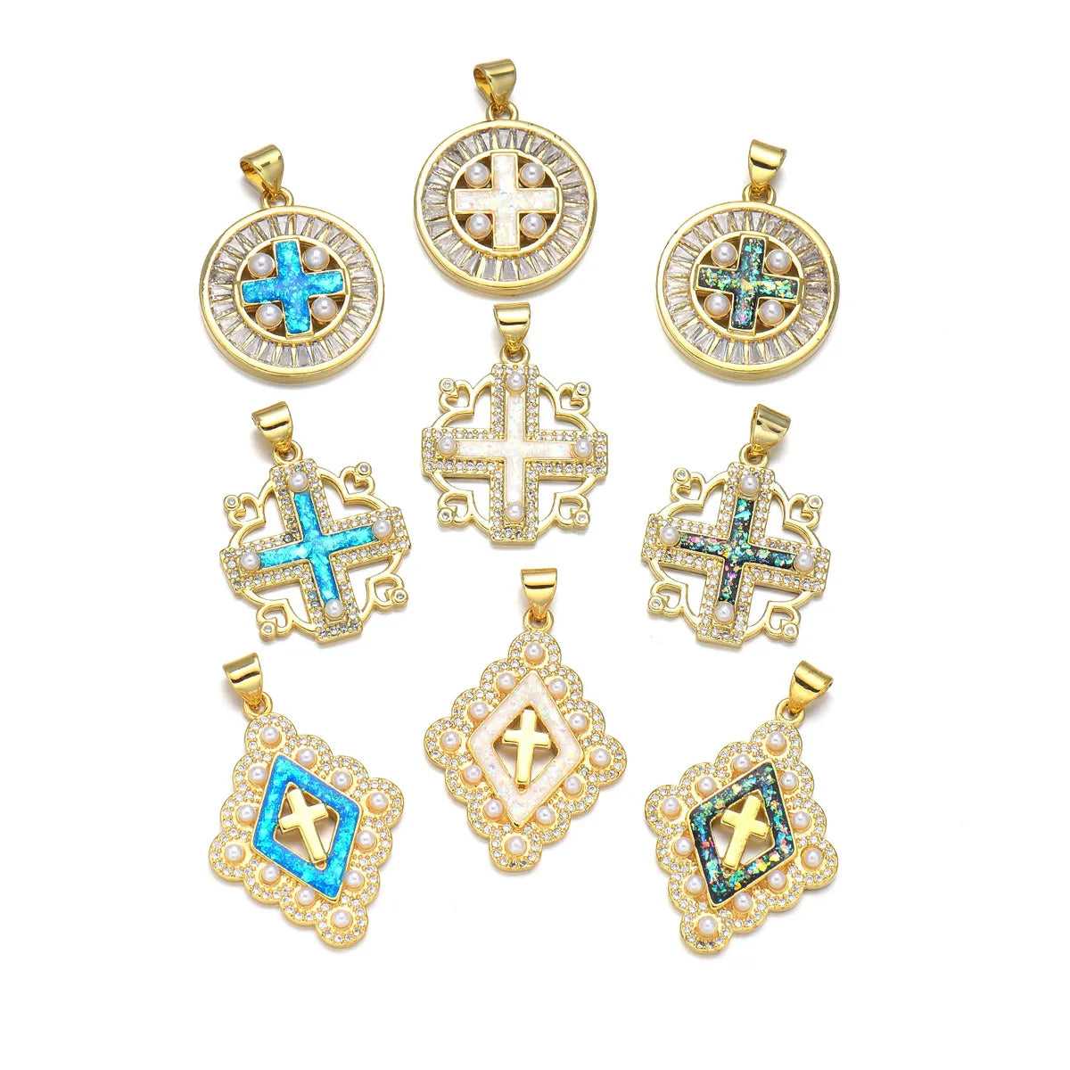 1 Piece 20*22MM 21 * 24mm 22*31mm Copper Pearl Zircon 18K Gold Plated Cross Polished Pendant