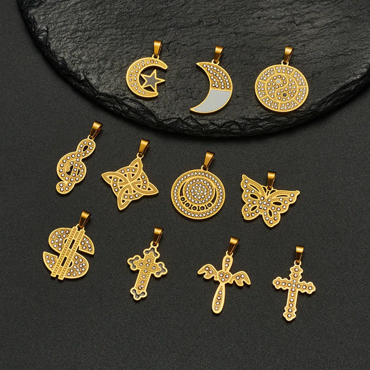 1 Piece 304 Stainless Steel Rhinestones 18K Gold Plated Cross Moon Butterfly Polished Pendant