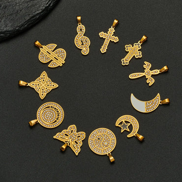 1 Piece 304 Stainless Steel Rhinestones 18K Gold Plated Cross Moon Butterfly Polished Pendant