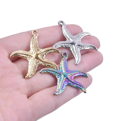 1 Piece 36*35mm Hole 2~2.9mm 304 Stainless Steel 18K Gold Plated Starfish Polished Hammered Pendant