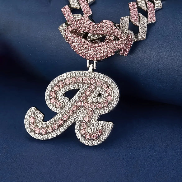 1PC A-Z Women Sexy Lips Name Letter Pendant Necklace Silver Full Diamond Iced Out Personalized Name Initials Charm Necklace Jewelry