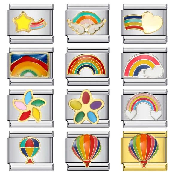 1 Piece 9*10mm 304 Stainless Steel Rainbow Hot Air Balloon Heart Shape Italian Charms