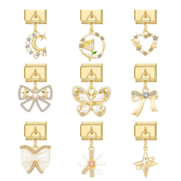 1 Piece 9*10mm 304 Stainless Steel Zircon Heart Shape Flower Bow Knot Italian Charms