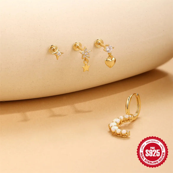 1 Piece 925 Sterling Silver Zircon 925 Sterling Silver Earrings Star Heart Shape Ear Studs