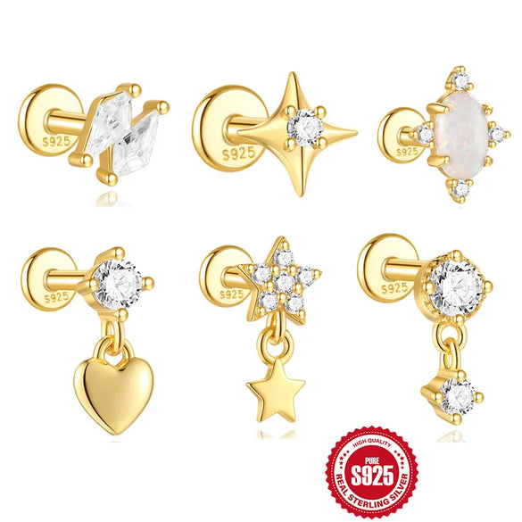 1 Piece 925 Sterling Silver Zircon 925 Sterling Silver Earrings Star Heart Shape Ear Studs