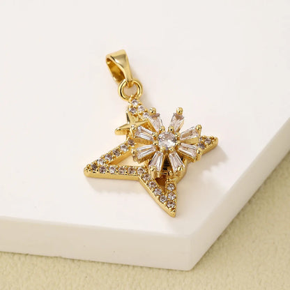 1 Piece Artificial Gemstones Copper Zircon 18K Gold Plated Flower Butterfly Snowflake Pendant