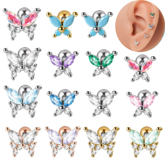 1 Piece Ear Cartilage Rings & Studs Artistic Butterfly 304 Stainless Steel Turquoise Zircon Inlay Turquoise Zircon