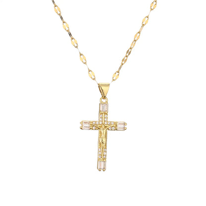 1 Piece Artistic Cross Copper Plating Inlay Zircon Pendant Necklace