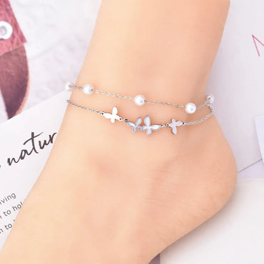 Beach Butterfly Stainless Steel Layered Pearl Inlay Shell 18k Gold Plated Platinum Plated Women's Anklet