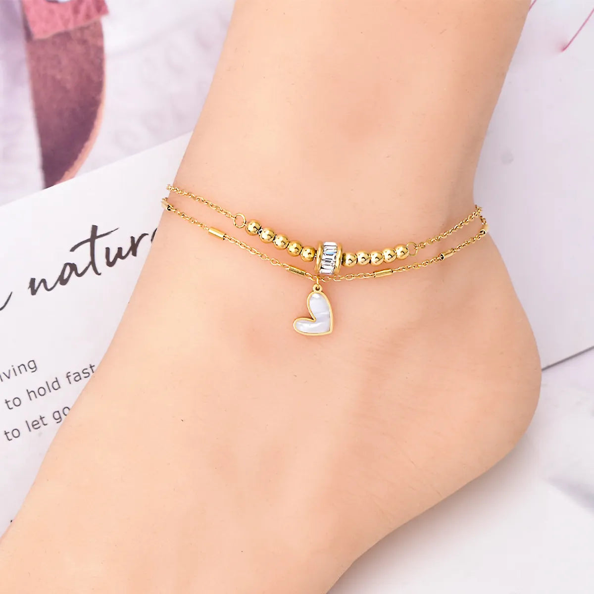 Beach Heart Shape Stainless Steel Layered Plating Inlay Zircon 18k Gold Plated Platinum Plated Women's Anklet