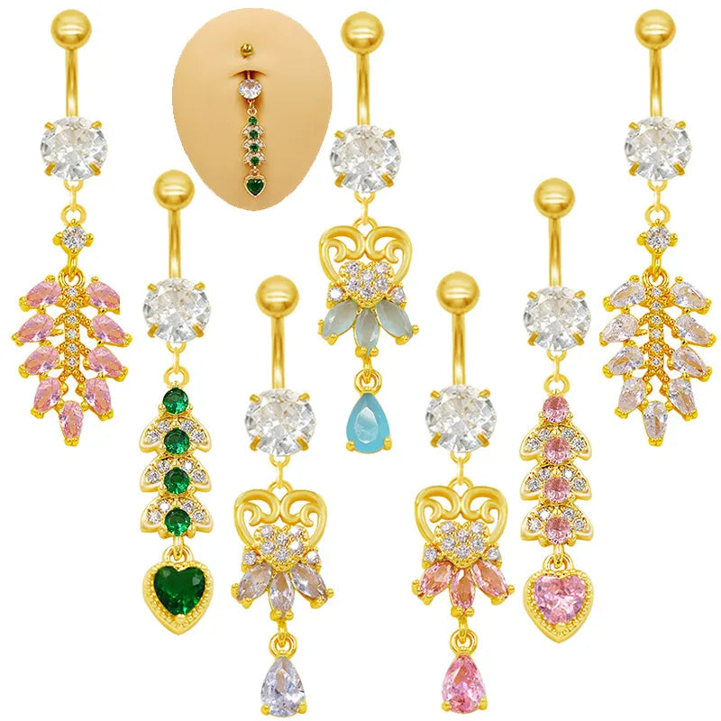 1 Piece Belly Rings Casual Elegant Classic Style Water Droplets Heart Shape 316 Stainless Steel  Alloy Inlay Resin Rhinestones Glass Gold Plated