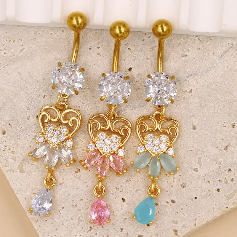 1 Piece Belly Rings Casual Elegant Classic Style Water Droplets Heart Shape 316 Stainless Steel  Alloy Inlay Resin Rhinestones Glass Gold Plated