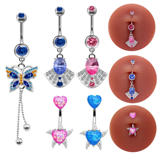 1 Piece Belly Rings Elegant Heart Shape Butterfly Stainless Steel Plating Inlay Rhinestones Opal Belly Ring