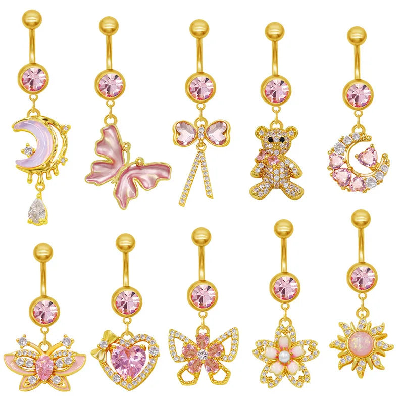 1 Piece Belly Rings Elegant Sexy Classic Style Sun Heart Shape Butterfly 316 Stainless Steel  Alloy Inlay Resin Rhinestones Glass Gold Plated