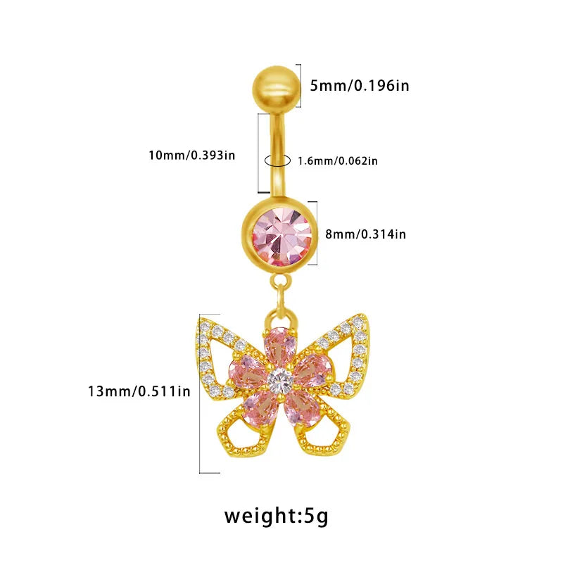 1 Piece Belly Rings Elegant Sexy Classic Style Sun Heart Shape Butterfly 316 Stainless Steel  Alloy Inlay Resin Rhinestones Glass Gold Plated