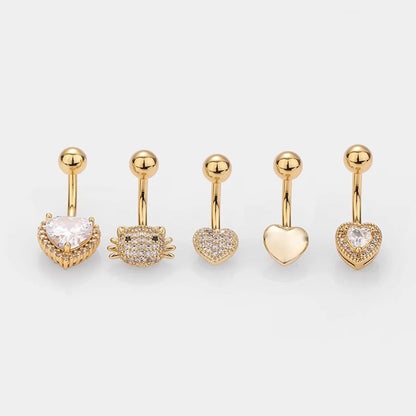 1 Piece Belly Rings Simple Style Classic Style Heart Shape Cat 316L Stainless Steel  Plating Inlay Zircon 14K Gold Plated Belly Rings