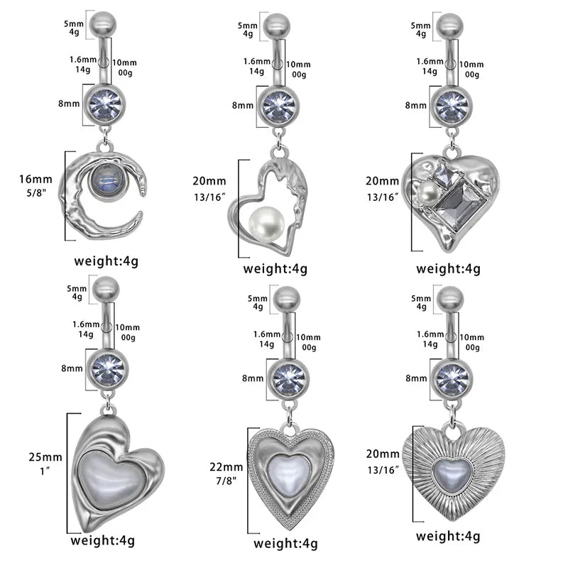 1 Piece Belly Rings Simple Style Classic Style Moon Heart Shape 316 Stainless Steel  Alloy Plating Inlay Resin Glass Pearl White Gold Plated