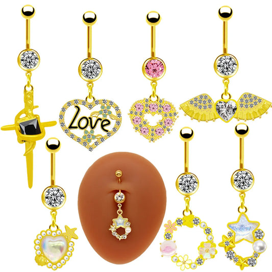 1 Piece Belly Rings Simple Style Shiny Star Heart Shape Wings Stainless Steel Alloy Copper Hollow Out Inlay Rhinestones Glass Zircon Gold Plated